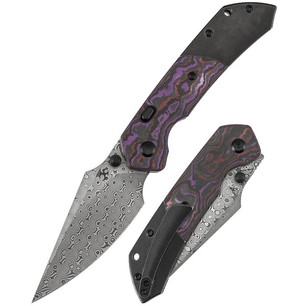 KANSEPT | Fenrir Top Liner Lock | Purple Haze Fatcarbon & Titanium | 3.4" Damascus | Sparrow Knife Design | K1034H3