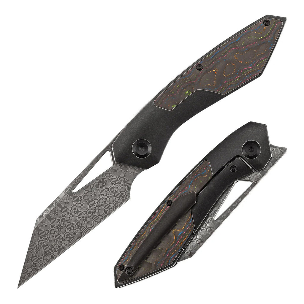 KANSEPT STRIP | Thumb Hole | 80S Camo Carbon Fiber+Blackwash Titanium | 3.4" Damascus Blade | RON STEELE DESIGN | K1113A4