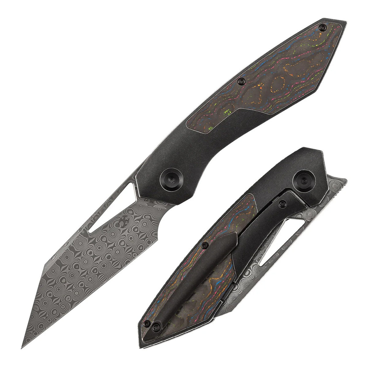 KANSEPT STRIP | Thumb Hole | 80S Camo Carbon Fiber+Blackwash Titanium | 3.4" Damascus Blade | RON STEELE DESIGN | K1113A4