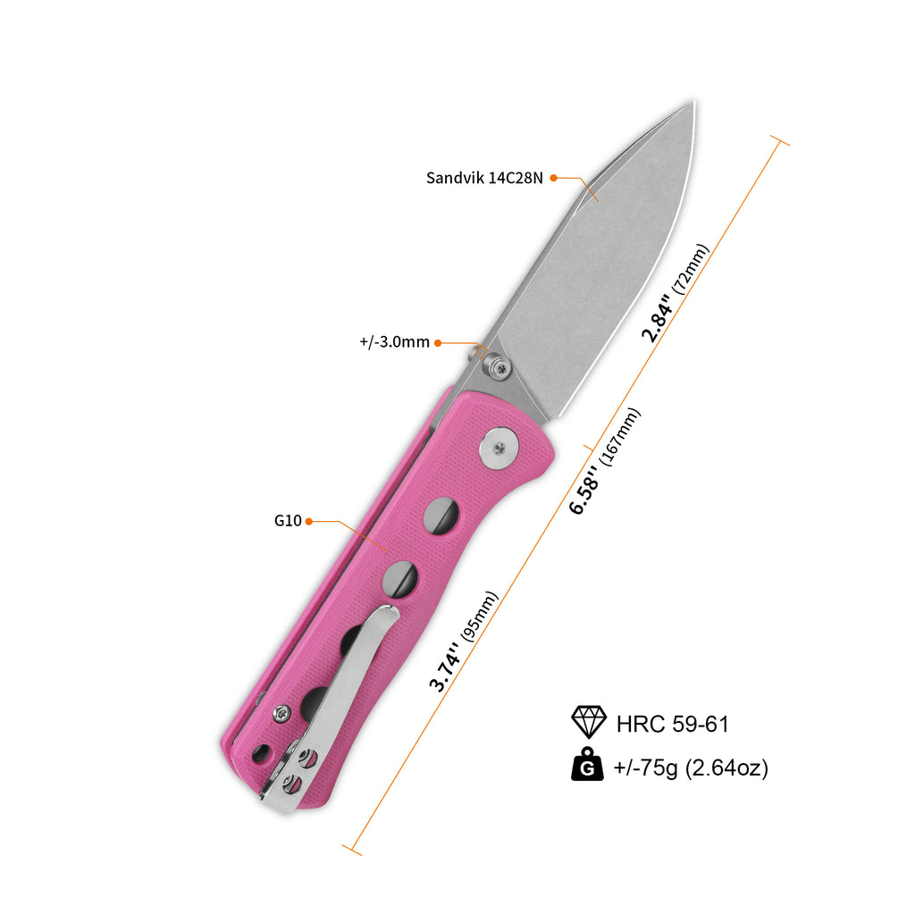QSP Canary Folder Liner Lock Pocket Knife 14C28N Blade Pink G10 Handle (QS150-H1)