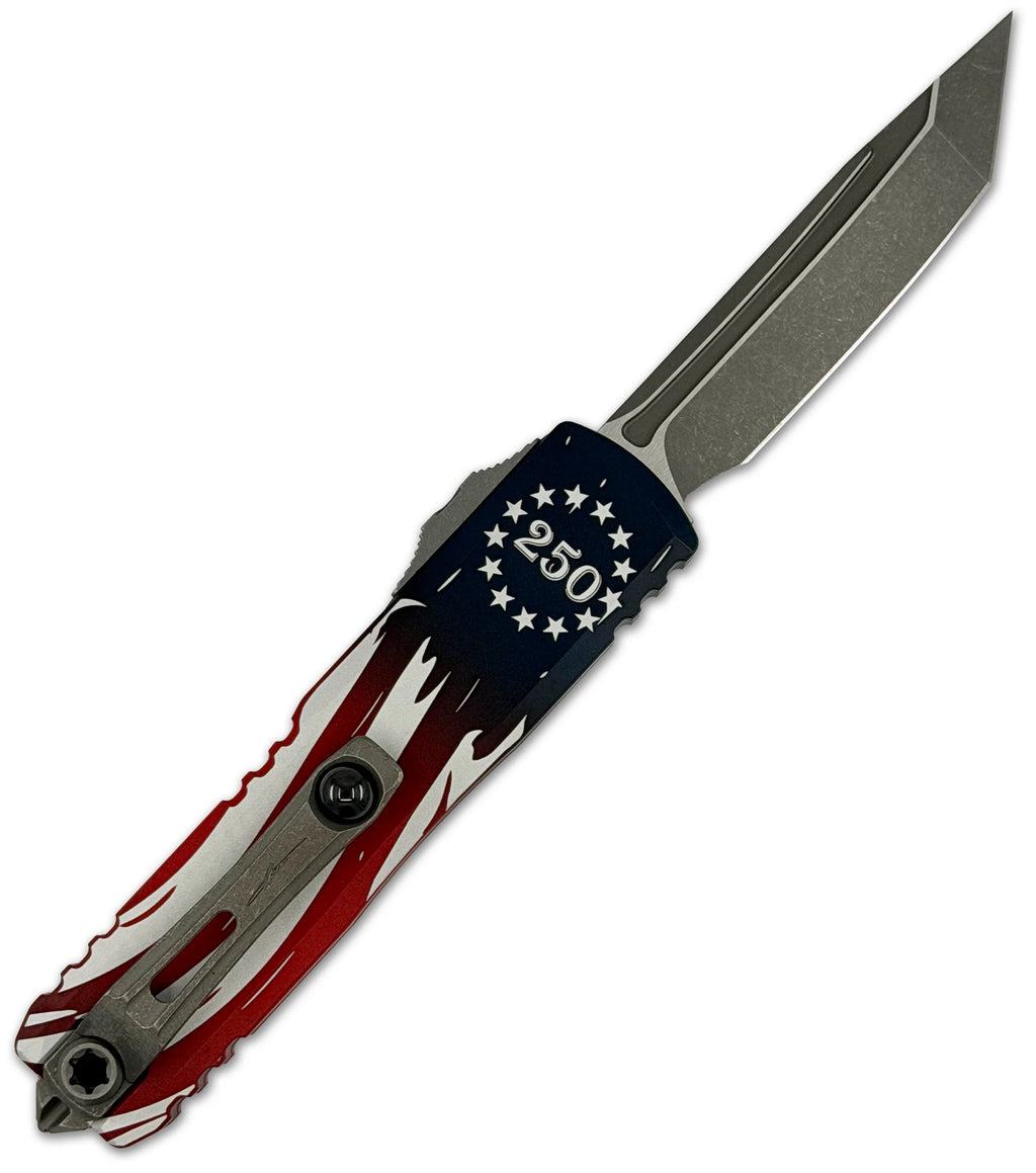 Microtech 12334-10APS-4J250 UTX-85 GEN IV (M390MK, Tanto, Apocalyptic, Aluminum, 250th Anniversary Flag) Automatic Pocket Knife